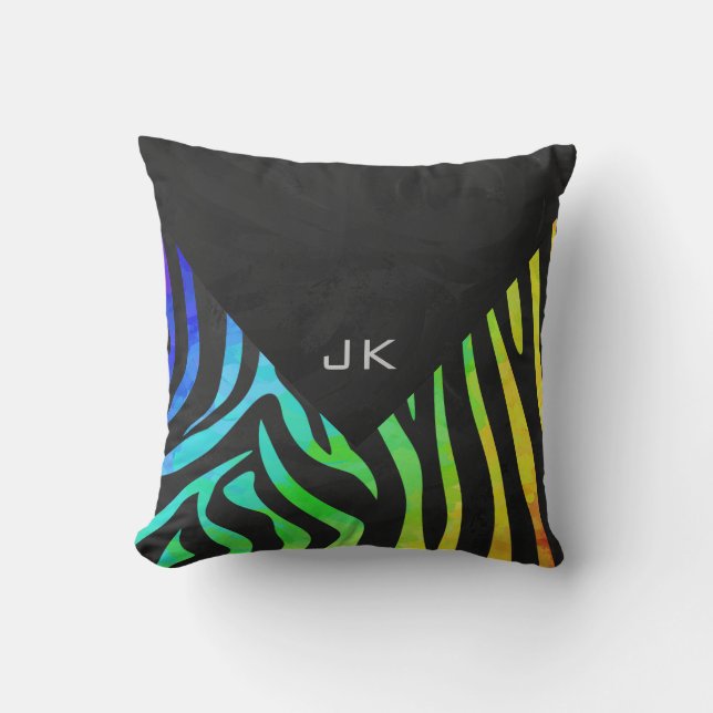 Monogram Zebra Black och Rainbow Print Kudde (Framsida)