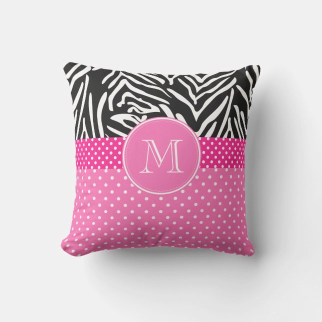 Monogram Zebra med Shock rosa Polka Dot Mönster Kudde (Framsida)