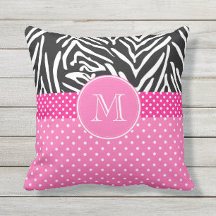 Monogram Zebra med Shock rosa Polka Dot Mönster Kudde