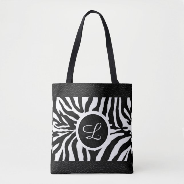 Monogram Zebramönster med läderkant Totebag Tygkasse (Framsida)