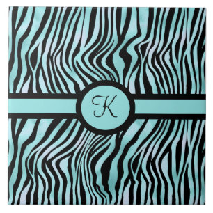 Monogram Zebraskrivet Svart och Turkos Blå Kakelplatta