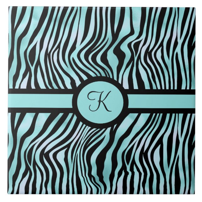 Monogram Zebraskrivet Svart och Turkos Blå Kakelplatta (Framsidan)
