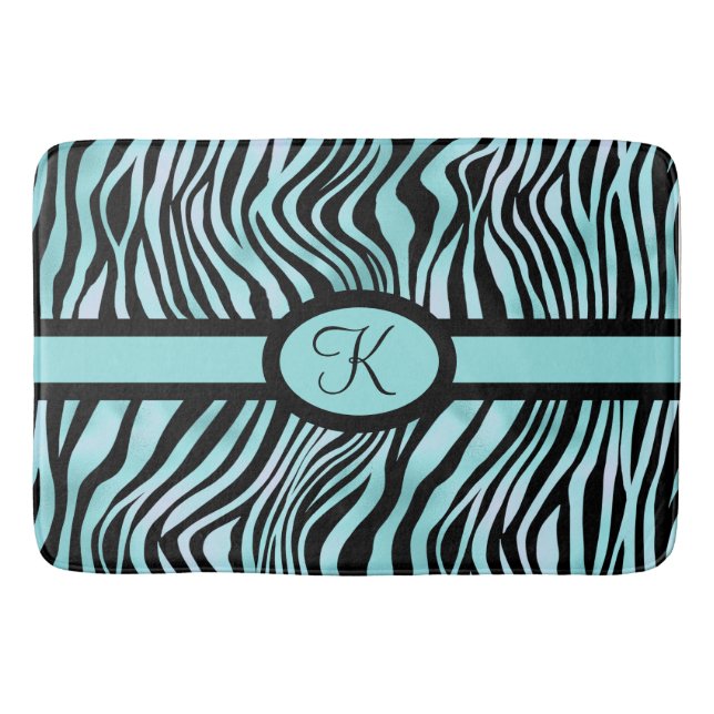 Monogram Zebraskrivning Svart och Turkos Blå Badrumsmatta (Framsidan)