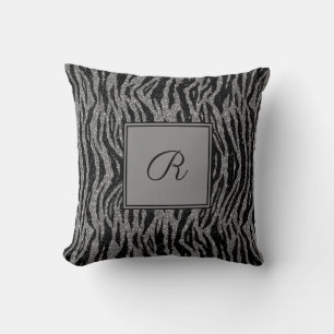 Monogram Zebratryck Svart Grå Silver Trendigt Kudde