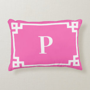 Monogramaccen shock rosa och Vita grekiska Nyckel- Prydnadskudde
