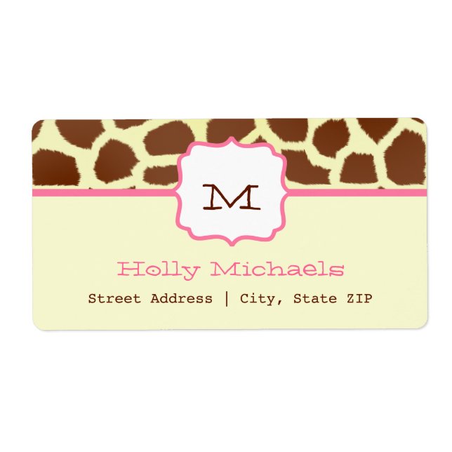 Monogramadressetikett - Giraffe Print & Rosa Fraktsedel (Framsidan)