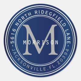 Monogramadressetikett i marinblå 2 runt klistermärke