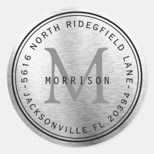 Monogramadressetikett i Silver Metallic Runt Klistermärke