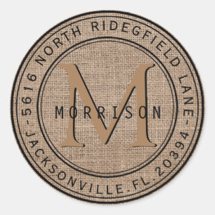 Monogramadressetikett i Tan Burlap Runt Klistermärke