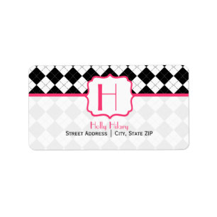Monogramadressetikett - svart argyle och Rosa Adressetikett