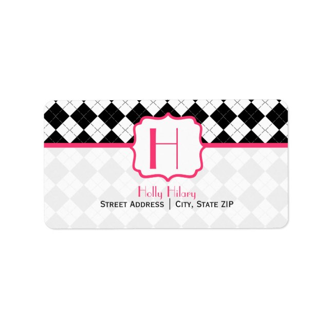 Monogramadressetikett - svart argyle och Rosa Adressetikett (Framsidan)