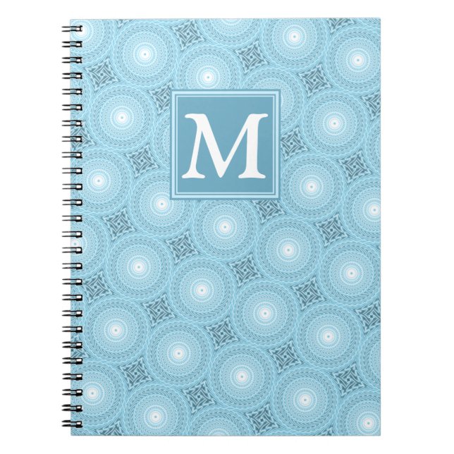 Monogramängelblåa cirklar mönster anteckningsbok (Framsidan)