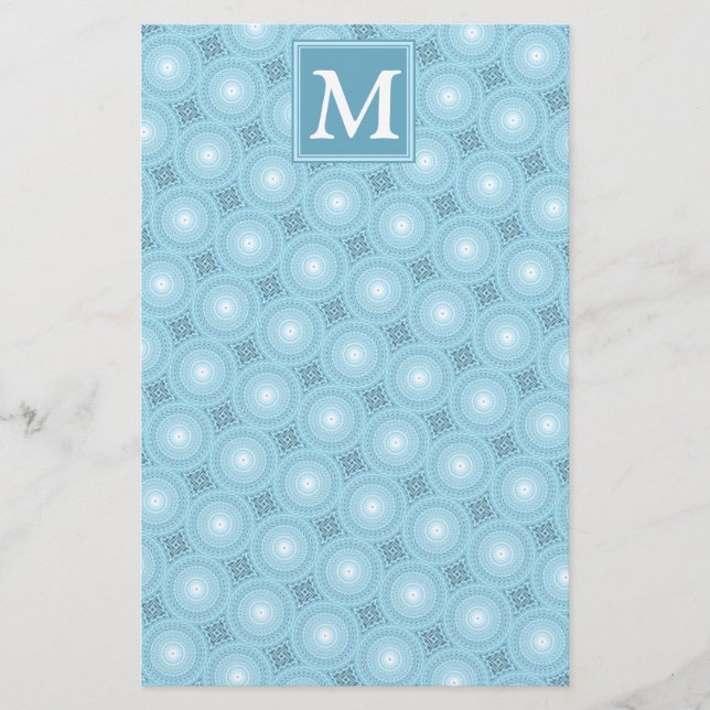 Monogramängelblåa cirklar mönster brevpapper (Framsida)