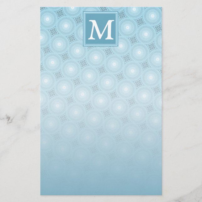 Monogramängelblåa cirklar mönster brevpapper (Framsida)