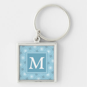 Monogramängelblåa cirklar mönster fyrkantig silverfärgad nyckelring