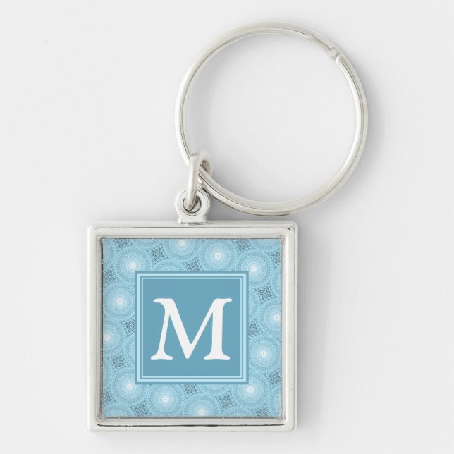 Monogramängelblåa cirklar mönster fyrkantig silverfärgad nyckelring (Framsidan)