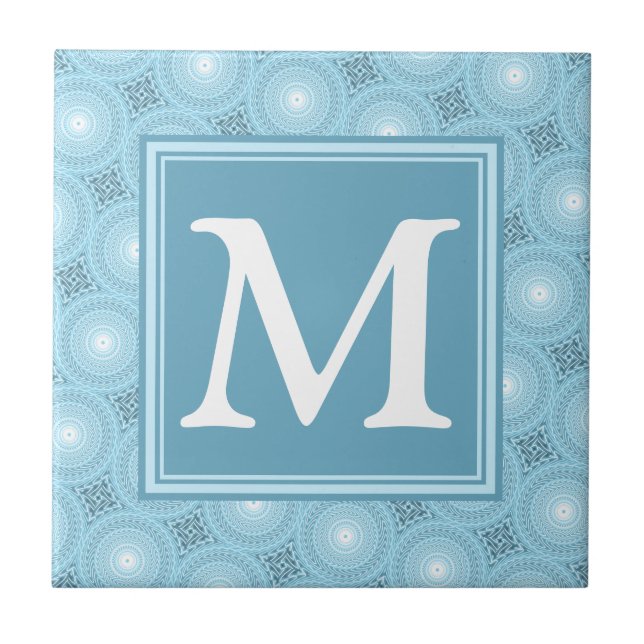 Monogramängelblåa cirklar mönster kakelplatta (Framsidan)