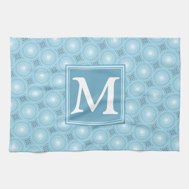 Monogramängelblåa cirklar mönster kökshandduk (Horisontell)