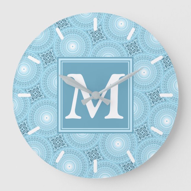 Monogramängelblåa cirklar mönster stor klocka (Framsida)
