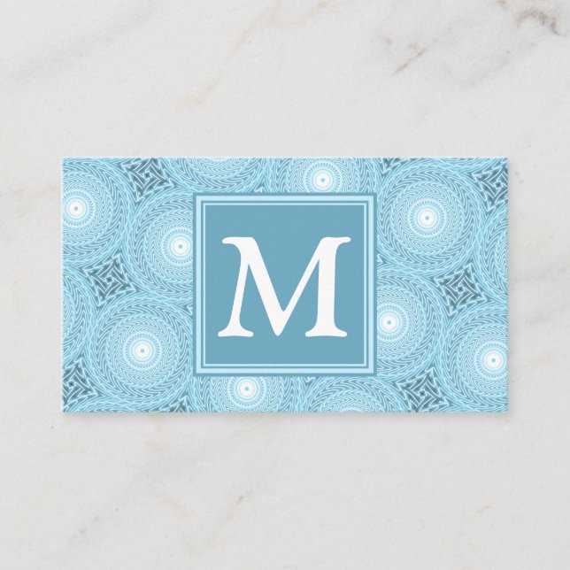 Monogramängelblåa cirklar mönster visitkort (Framsida)