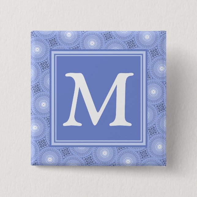 Monogramblå cirklar mönster knapp (Framsida)