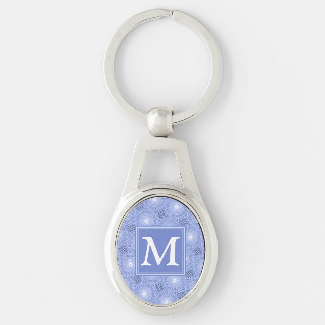 Monogramblå cirklar mönster ovalt silverfärgad nyckelring (Framsidan)
