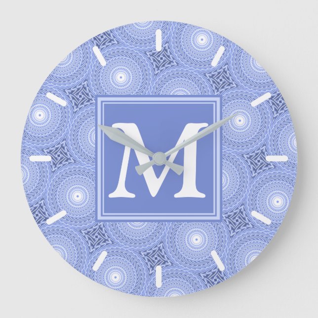 Monogramblå cirklar mönster stor klocka (Framsida)