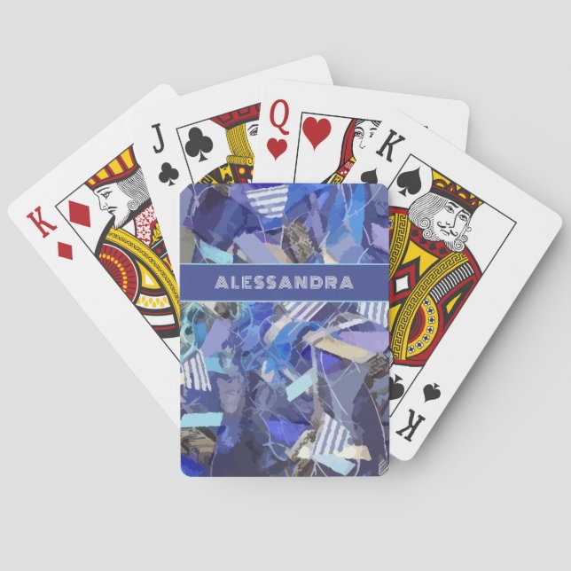 Monogramblå lila, vit abstrakt rand mönster casinokort (Baksidan)