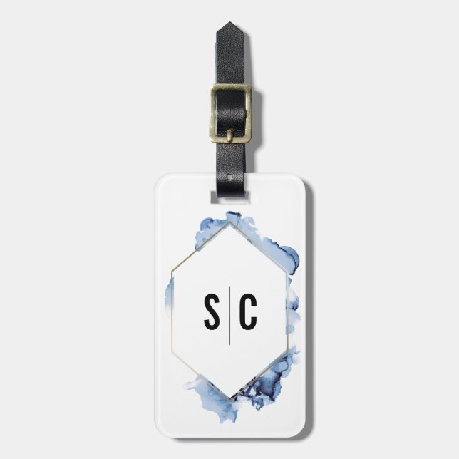 Monogramblå vattenfärg Guld ram nylyst Bagagebricka (Vertikal Framsida)