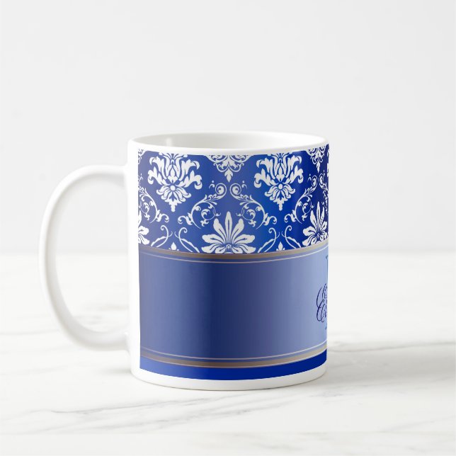 Monogramblått- och vitdamast kaffemugg (Vänster)