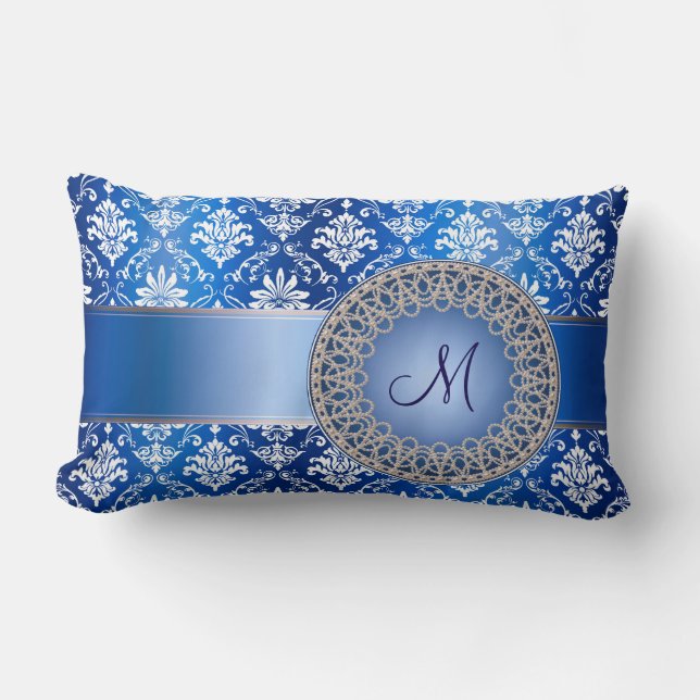 Monogramblåttdamast Lumbarkudde (Framsida)