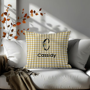 Monogramblomgingham blue grått mönster kudde