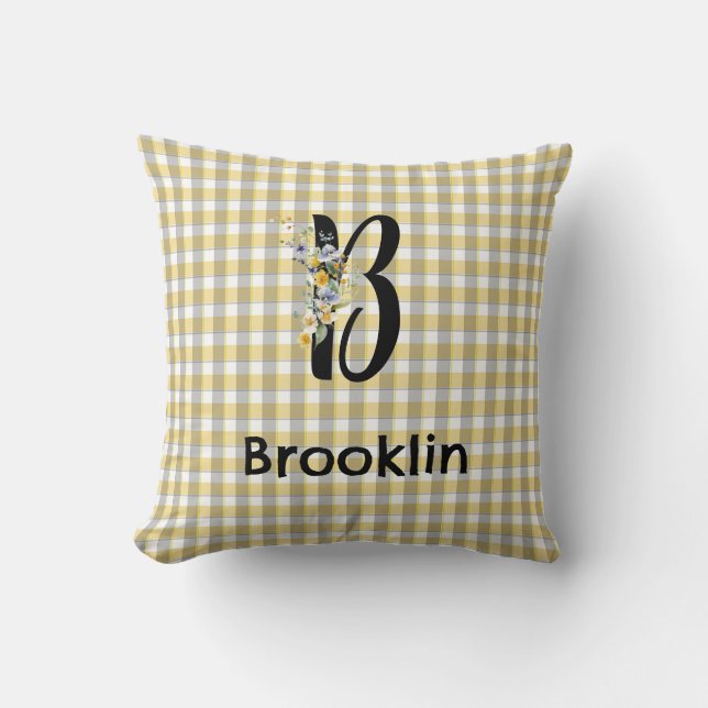 Monogramblomgingham blue grått mönster kudde (Framsida)