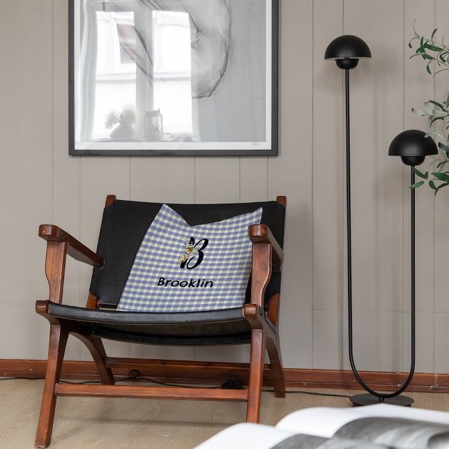 Monogramblomma gingham blågrön mönster kudde (Skapare uppladdad)