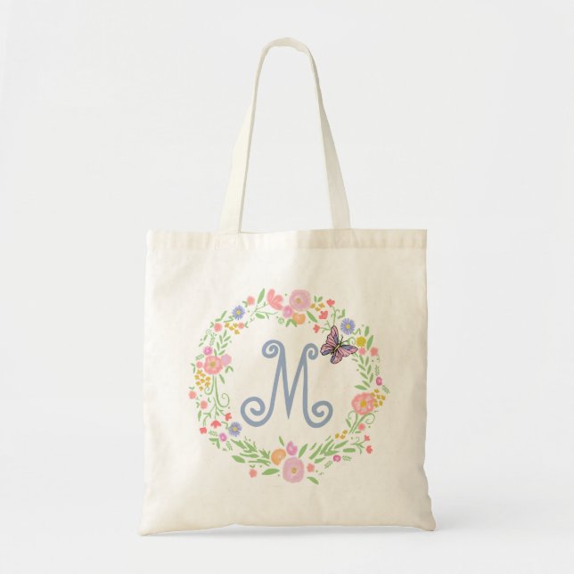 Monogramblommakran och Muslin för fjäril BOHO Tygkasse (Framsidan)