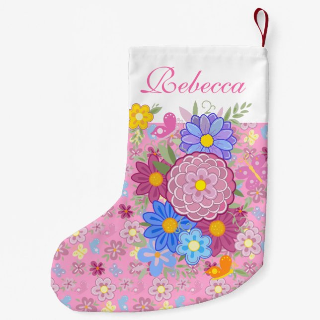 Monogramblommor och fjärilsblommig design rosa liten julstrumpa (Baksidan)