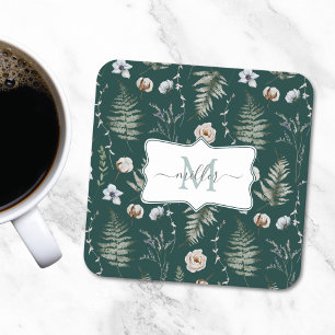 Monogramblommor och ormbunksblad Floral botanisk Underlägg Papper Kvadrat