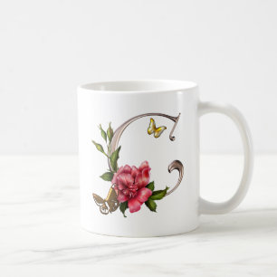 MONOGRAMBREV C MED ROSA OCH FJÄRILAR KAFFEMUGG