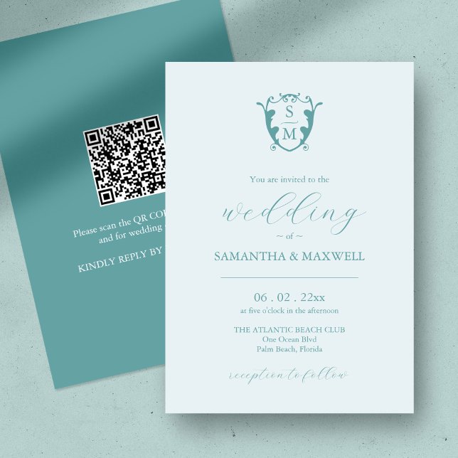 Monogrambröllop med QR-kod Inbjudningar (QR code wedding invitation blue minimalistic custom monogram crest )