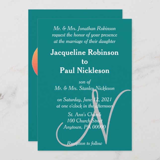 MonogramBröllopsinbjudan till Grönten för solnedgå Inbjudningar (Fram/baksida)