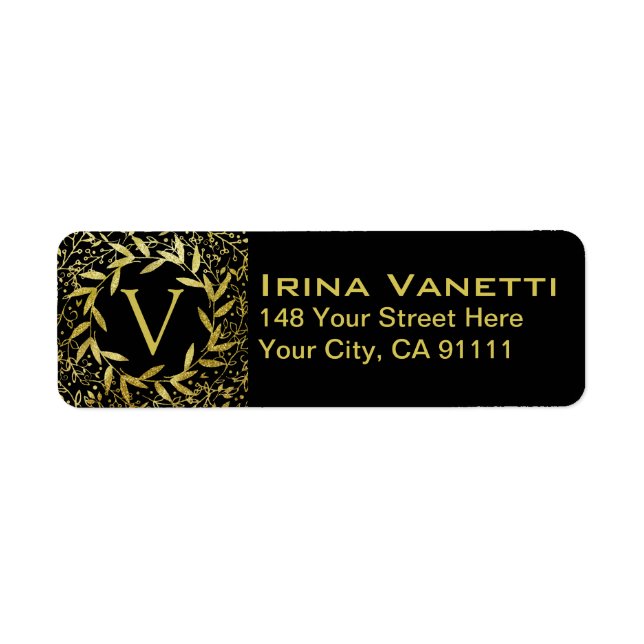 Monogramcirkel Löv Utandning Guld Glitter Returadress Etikett (Framsidan)