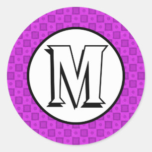 Monogramcirklar och fyrkanter på lila mönster runt klistermärke