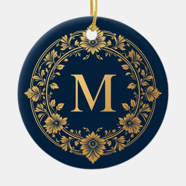 Monogramdesign för elegant Guld Blommigt Julgransprydnad Keramik (Framsidan)