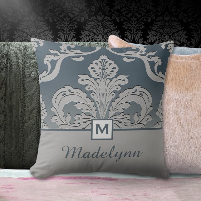 Monogramdesign för elegant Slate Damask Kudde (Skapare uppladdad)