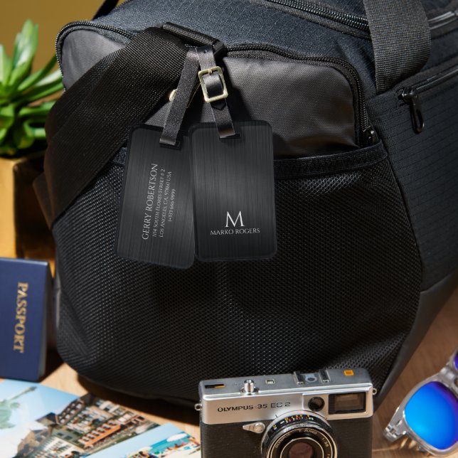 Monograme Black Gray Brushed Aluminum Texture Bagagebricka (Fram & Baksida)