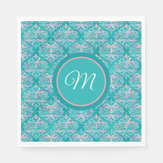 Monogramed Teal Pattern Napkins Pappersservett (Framsidan)