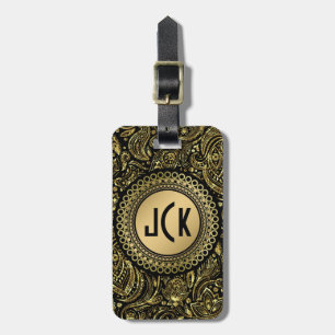 MonogramedBlack & Guld Vintage Blommigt Paisley Bagagebricka