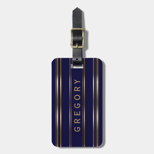 MonogramedNavy Blue och Guld Rand Mönster Bagagebricka (Vertikal Framsida)
