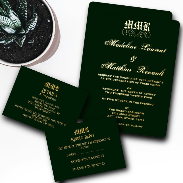 MonogramElegant Mörk grönt och Guld OSA Tilläggskort (Skapare uppladdad)