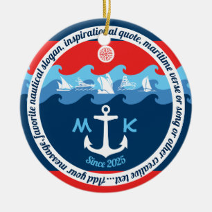 Monogramen ankrar rött vitt blått nautiskt för julgransprydnad keramik